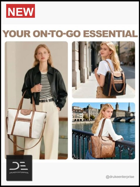 Faux Leather Convertible Laptop Backpack Tote Bag 16 inch